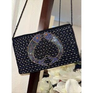 Vintage Beaded Sequin Clutch Evening Bag Handbag Purse Handcrafted Velvet Handle